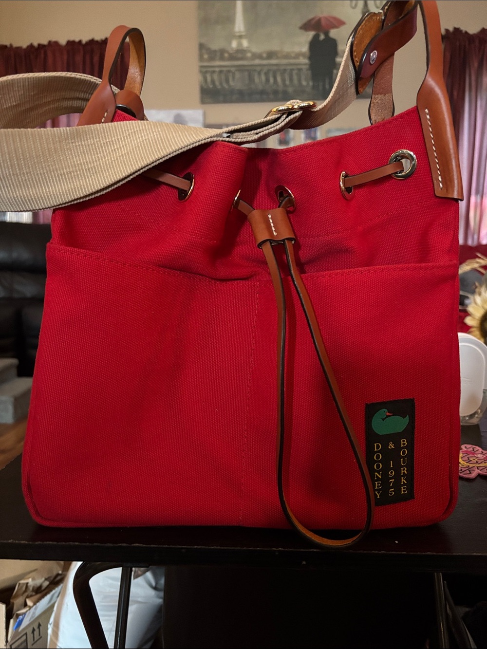 Dooney & Bourke Red Canvas Drawstring Tote with Leather Trim